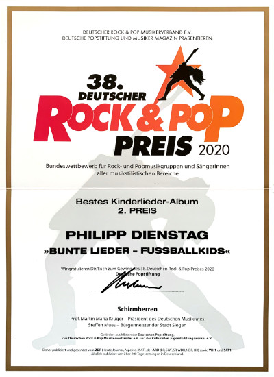 Urkunde Rock und Pop Preis 2020